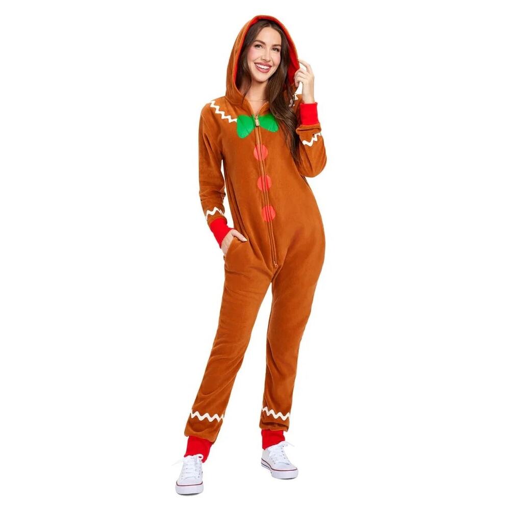 NEW Tipsy Elves Gingerbread Man Hooded Fleece Jumpsuit Christmas Pajamas XL